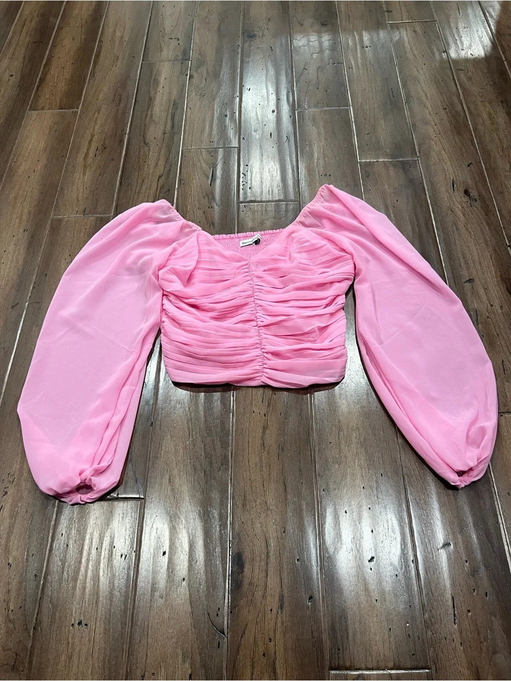 Abercrombie & Fitch Pink Ruched Puff-Sleeve Crop Top